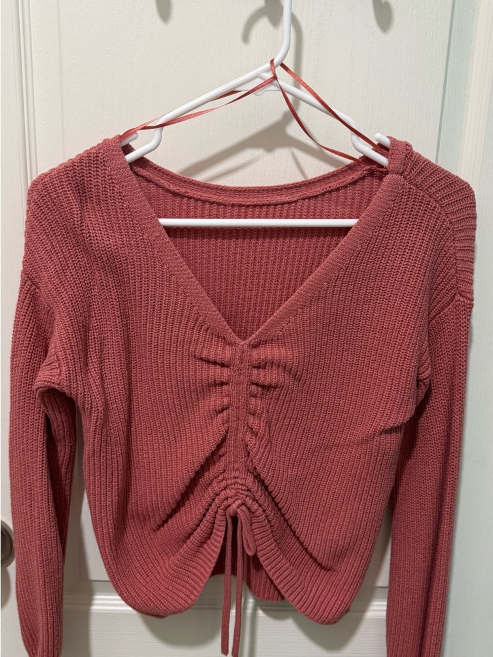 Hollister V-Neck Ruched Front Knit Sweater - coral color